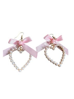 Pearl Lined and Pink Bow Accented Gold Heart Drop Earrings